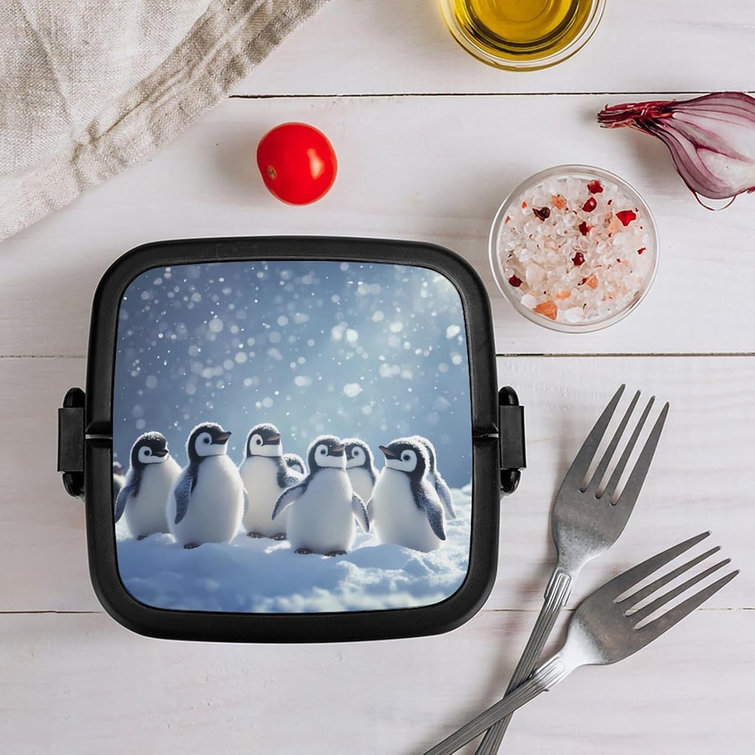 Penguins Snowy Printed Bento Box with Spoon 2 Layer Food Container Cute Lunch Box for Travel Dining Work