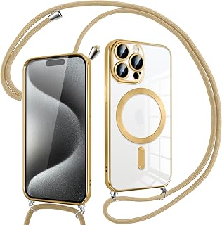 Pnakqil Magnetisch Hülle für iPhone 15 Pro Max mit Band, Kompatibel mit MagSafe, Handyhülle Durchsichtig Dünn Silikon mit Handyband Kordel, Aesthetic Durchsichtige Stoßfest Schutzhülle, ORO