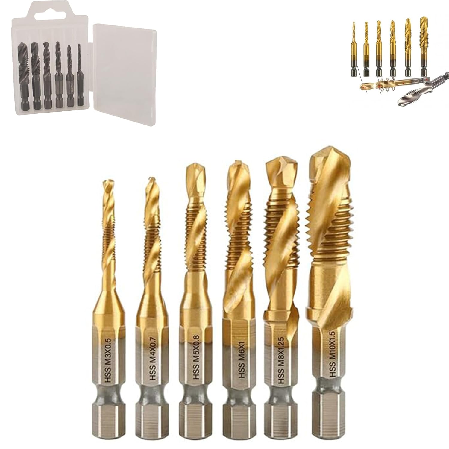 3 in 1 Spiral Tap Hex Shank Drill Bit Set, Professional Thread Tap Drill Bit Set, Quick Change Impact Driver Socket, Professional Repair (Gold,Long)
