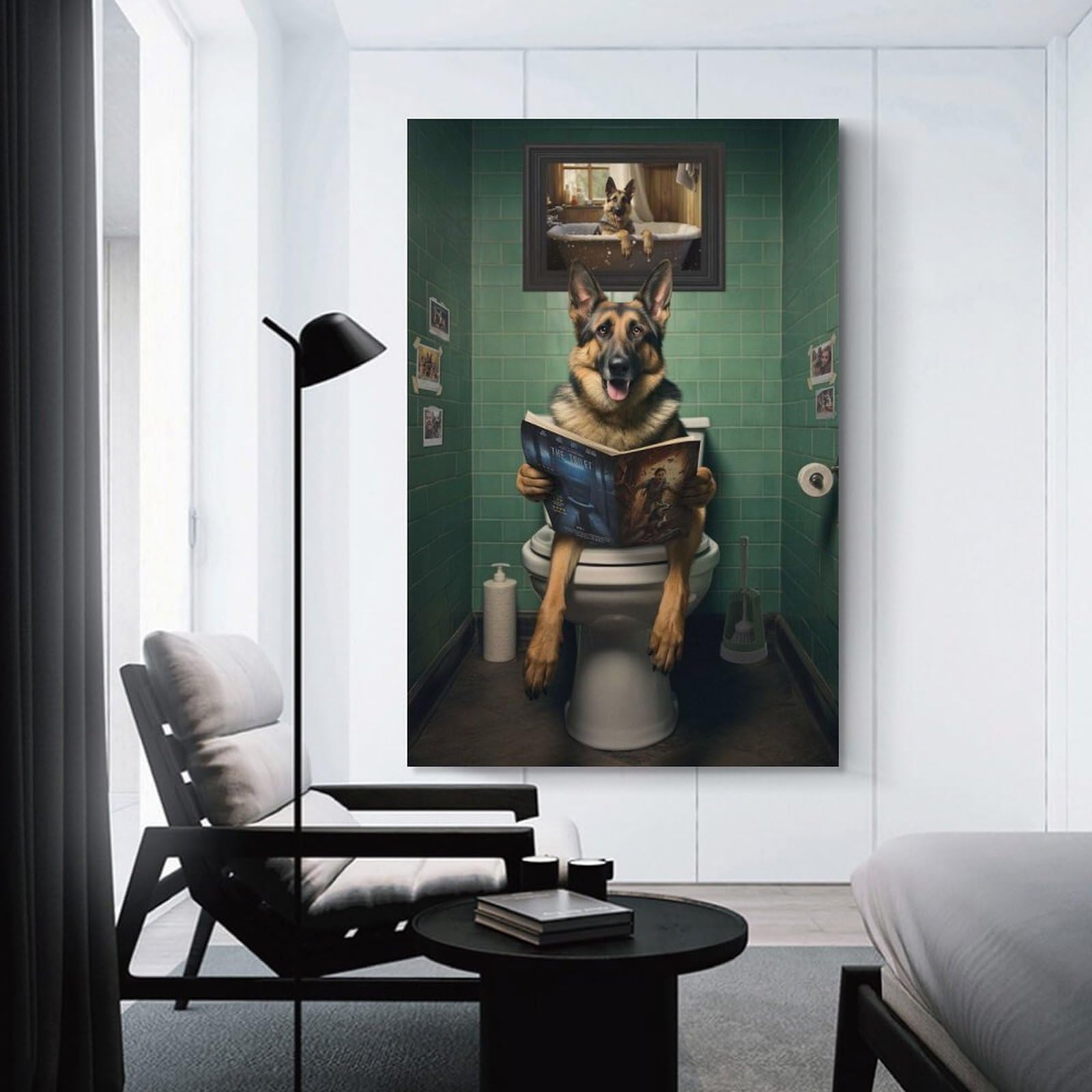 Junmoney Canvas Wall Decor German Shepherd on Toilet, 24x36inch(60x90cm), for Living Room, Bedroom, Office Or Hallway, Decorative Artwork with Broad Appeal