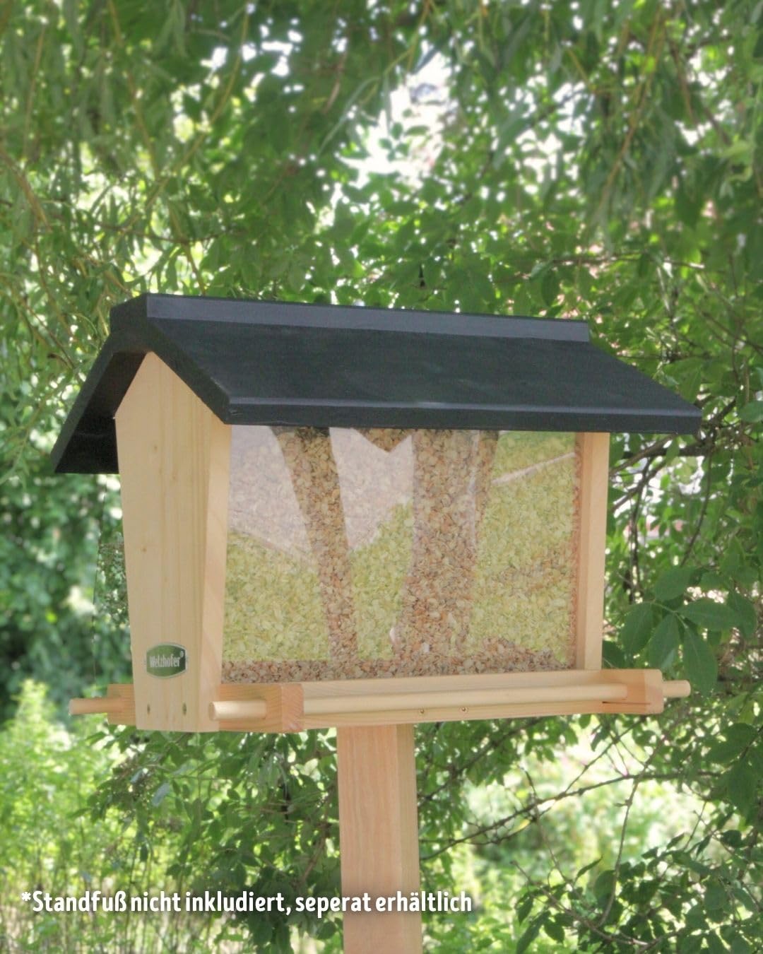 Vogelfutterhaus „Michael“ aus Kiefernholz zum Aufstellen – großes Vogelhaus mit 3 kg Füllmenge, leicht zu reinigen & zu befüllen, wetterfest, ohne Standfuß, Futterhaus handgemacht in Europa