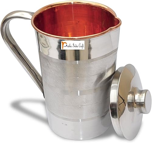 Prisha India Craft Jarra de jarra de cobre de acero, diseño de lujo, capacidad 54.1 fl oz