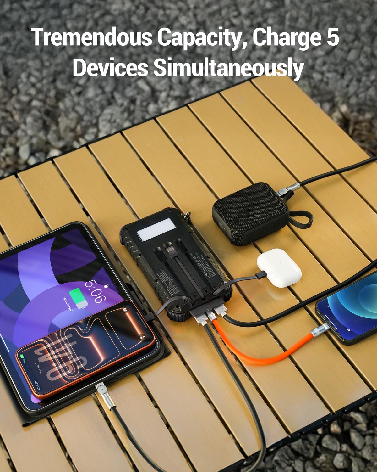 Chargeur solaire 20 000 mAh Charge rapide 3 câbles LED Double lampe de poche portable Batterie externe portable avec sortie USB C Essentiels de camping en plein air pour iPhone Samsung etc.