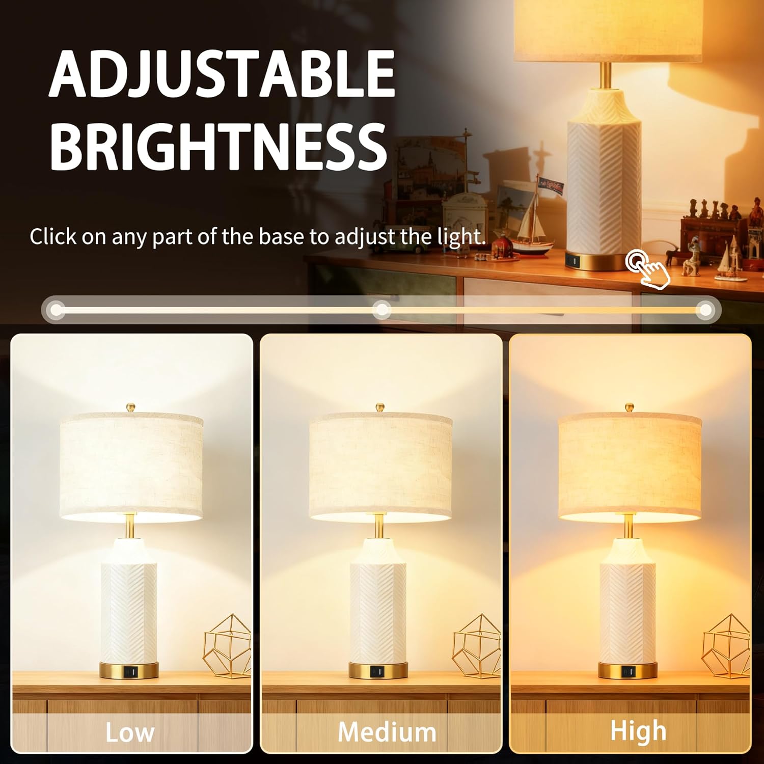 22" Ceramic Table Lamps with USB A+C Ports for Living Room, Dimmable Nightstand Touch Lamps Set of 2 with Linen Shade, Modern Bedside Lamp for Bedroom Home Decor, No Bulbs (1, White and Beige)