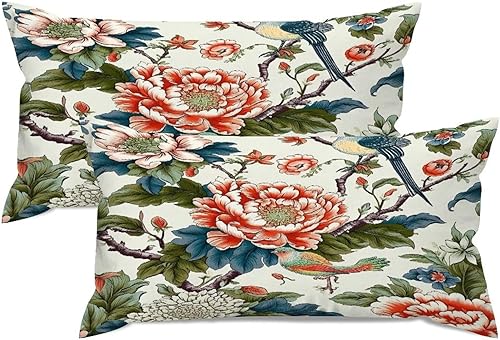Miniatura 5 de MangGou Chinoiserie - Juego de 2 fundas de almohada lumbares asiáticas de 12 x 24 pulgadas, diseño floral de peonía y pájaro, color azul turquesa