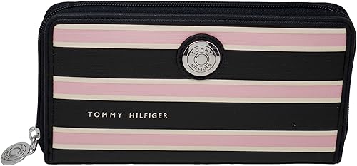 Tommy Hilfiger Bolso de mano con cremallera de lona revestida con logotipo azul marino, rosa y blanco para mujer, Azul marino, Cartera con