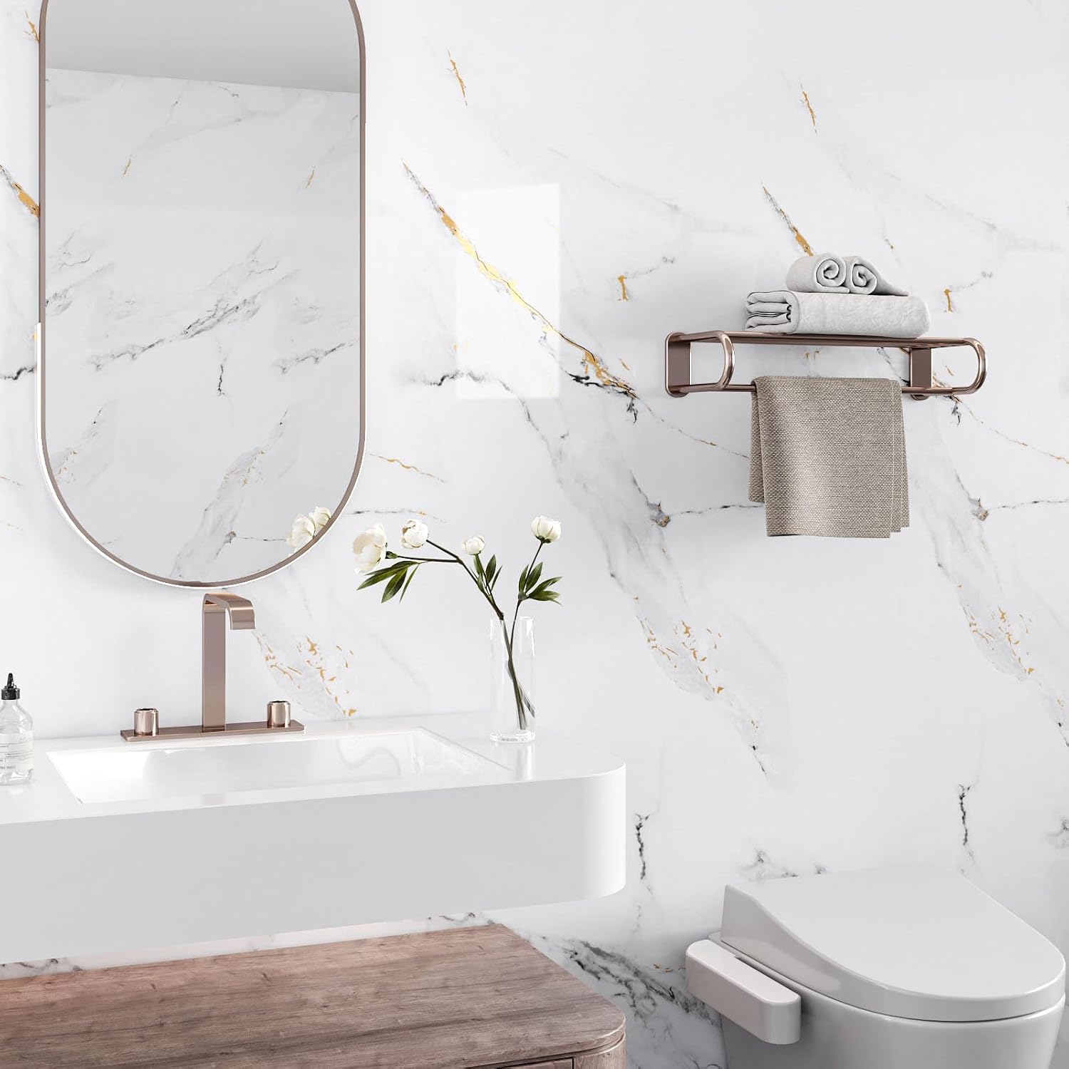 White and Gold Marble Countertop Contact Paper Waterproof Glossy Marble Vinyl Wrap for Cabinets Bathroom Counter Top Peel and Stick Waterproof Thick Self Adhesive White Wallpaper 24"x160"