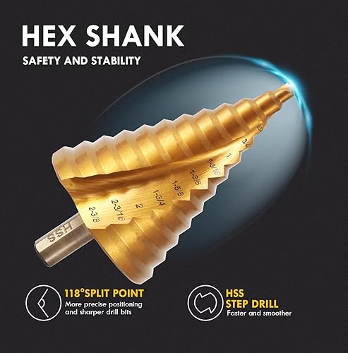 Miniatura 2 de Juego de brocas escalonadas, 14" a 2-38", vástago hexagonal de acero de alta velocidad para acero inoxidable, metal, aluminio, cobre, madera, PVC