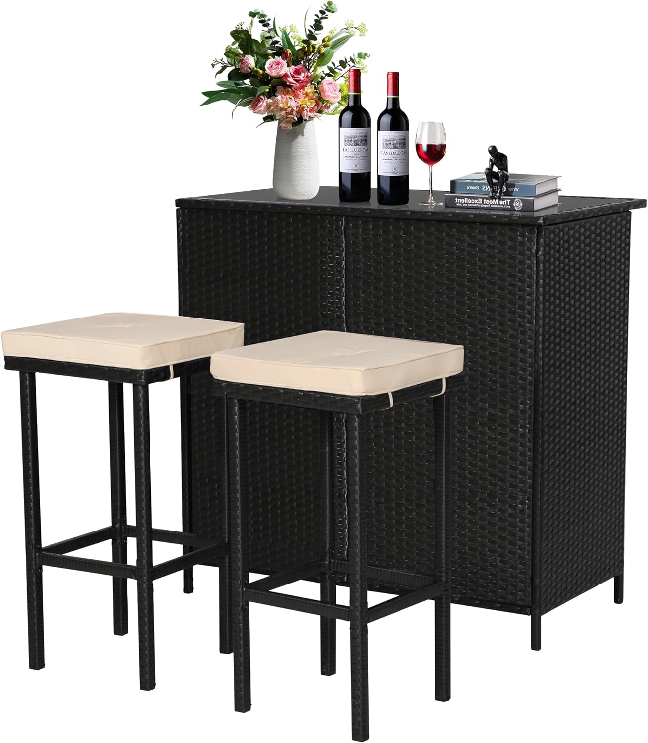 3-Piece Patio Outdoor Bar Set with Two Stools and Glass Top Table Patio Brown Wicker Furniture with Removable Cushions for Backyards, Porches, Gardens or Poolside