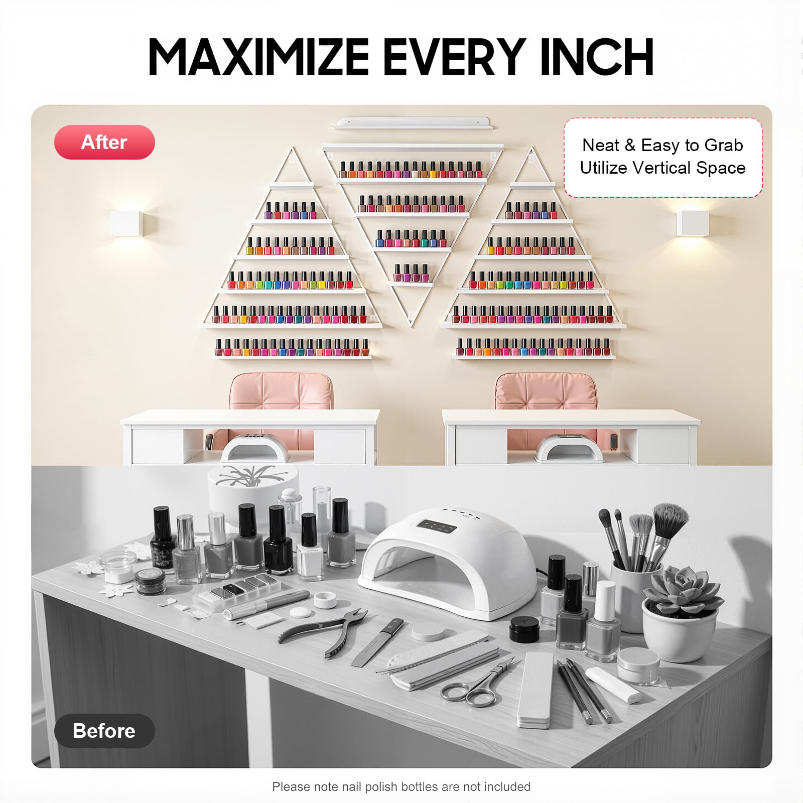 Nagellackregal Wand, 5-stufiges dreieckiges Nagellackregal Set 6-TLG, Wandregal Nagellack für 90 Flaschen, Nagellack Aufbewahrung Metall Wandmontage für Nagelstudio Zuhause Zubehör, Weiß