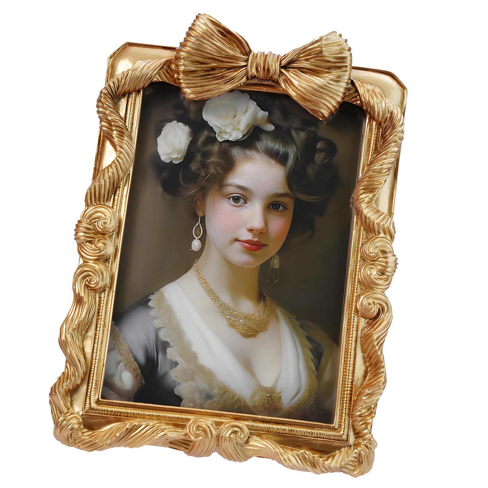Ornate Resin Photo Frame Antique Gold Bow Accent with Carved Border for Portrait Display on Tabletop or Wall Decor Decorative Picture Frame Ornate Carved Resin Photo Old Gold Portrait Tabletop Wall