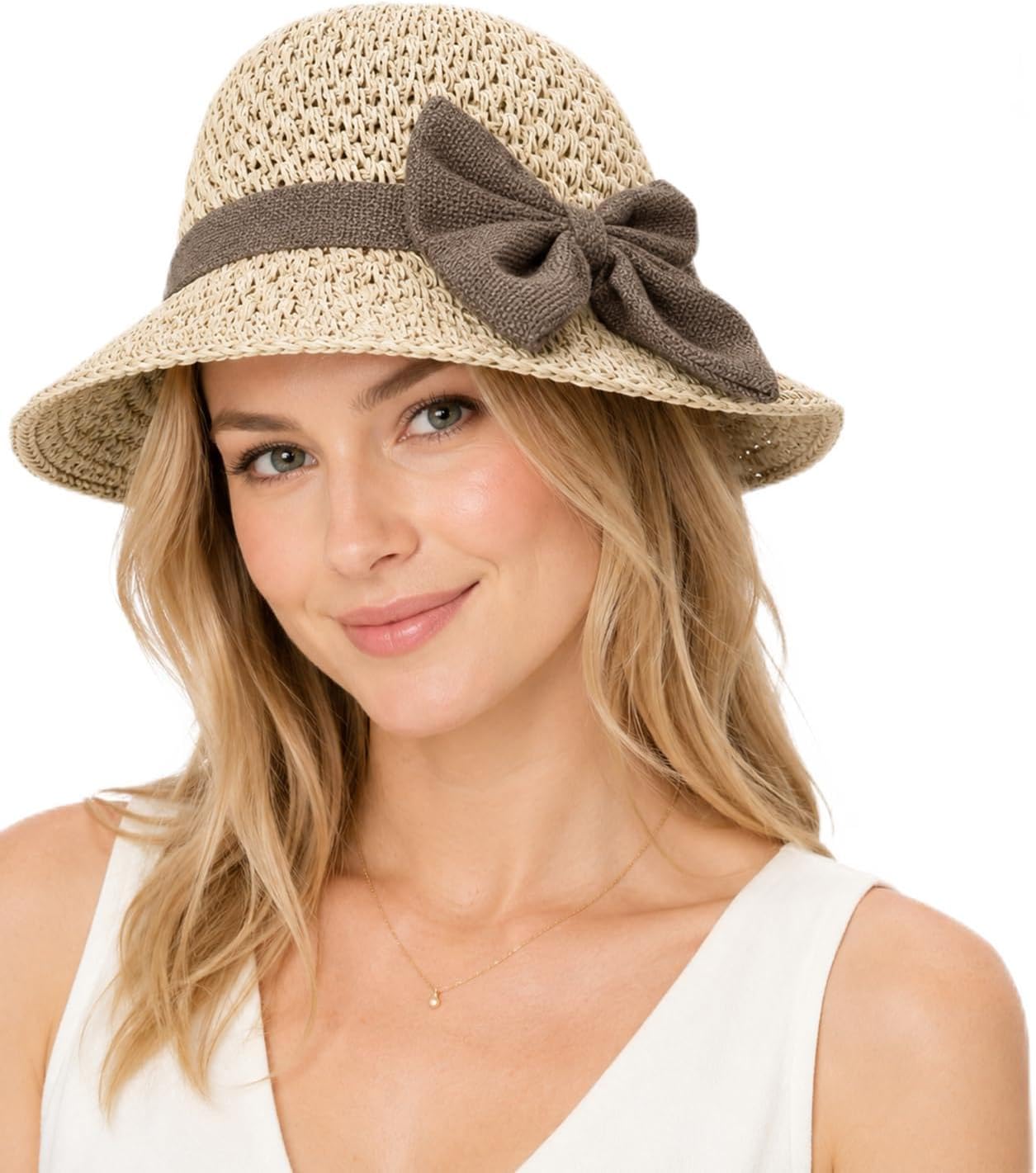 Straw Sun Hat for Women, Foldable Wide Brim Straw Bucket Hats with Adjustable Drawstring & Bow