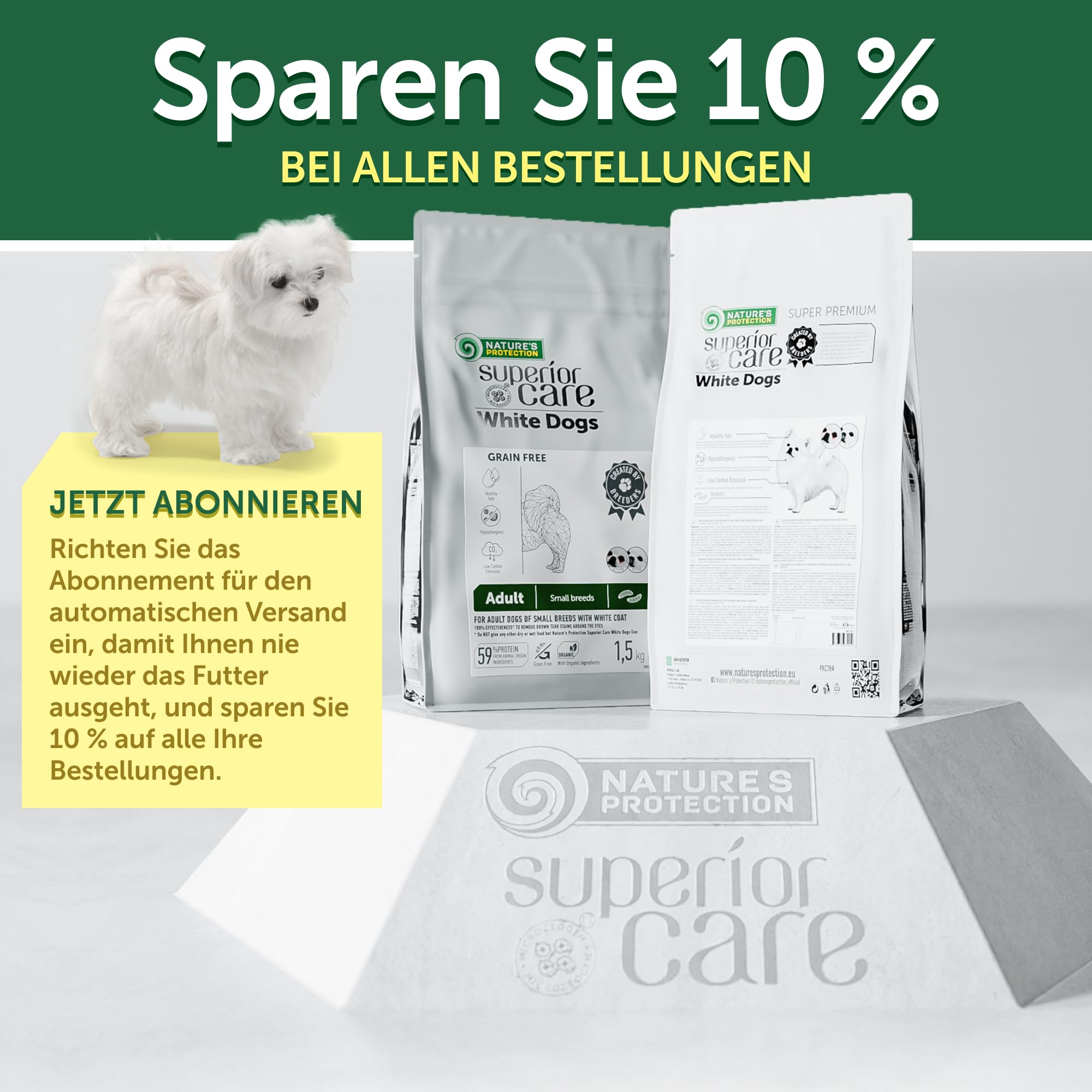 Nature's Protection Superior Care sucha karma dla juniorów, małe, mini rasy, futro w jasnym kolorze (maltańskie, Bichon Frisé), z białą rybą, kontrola wagi, bez zbóż, 10 kg
