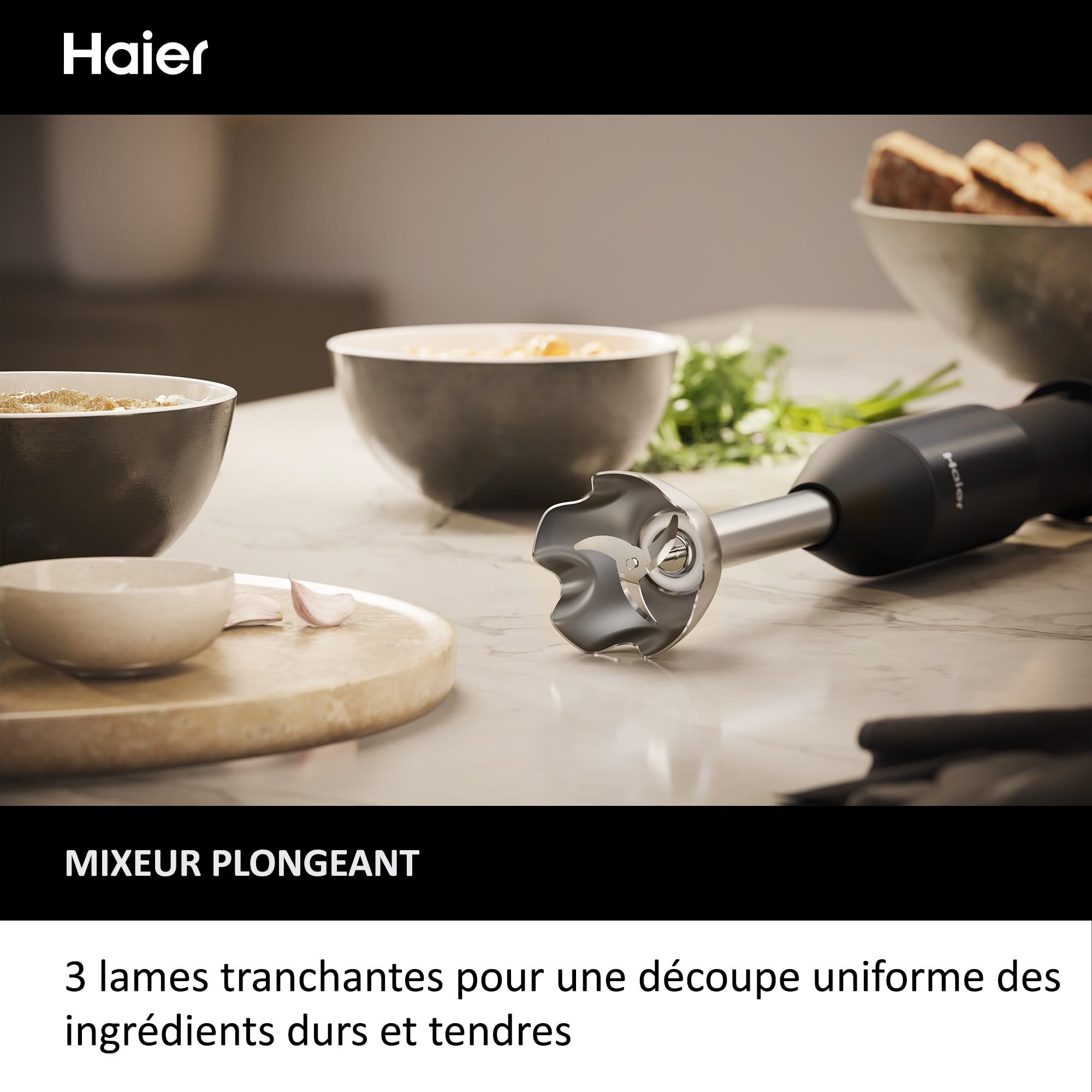 Haier I-Master Série 5 Mixeur Plongeant, Électrique 1000W, Vitesses Variables, Fonction Pulse, 3 Lames [Noir]