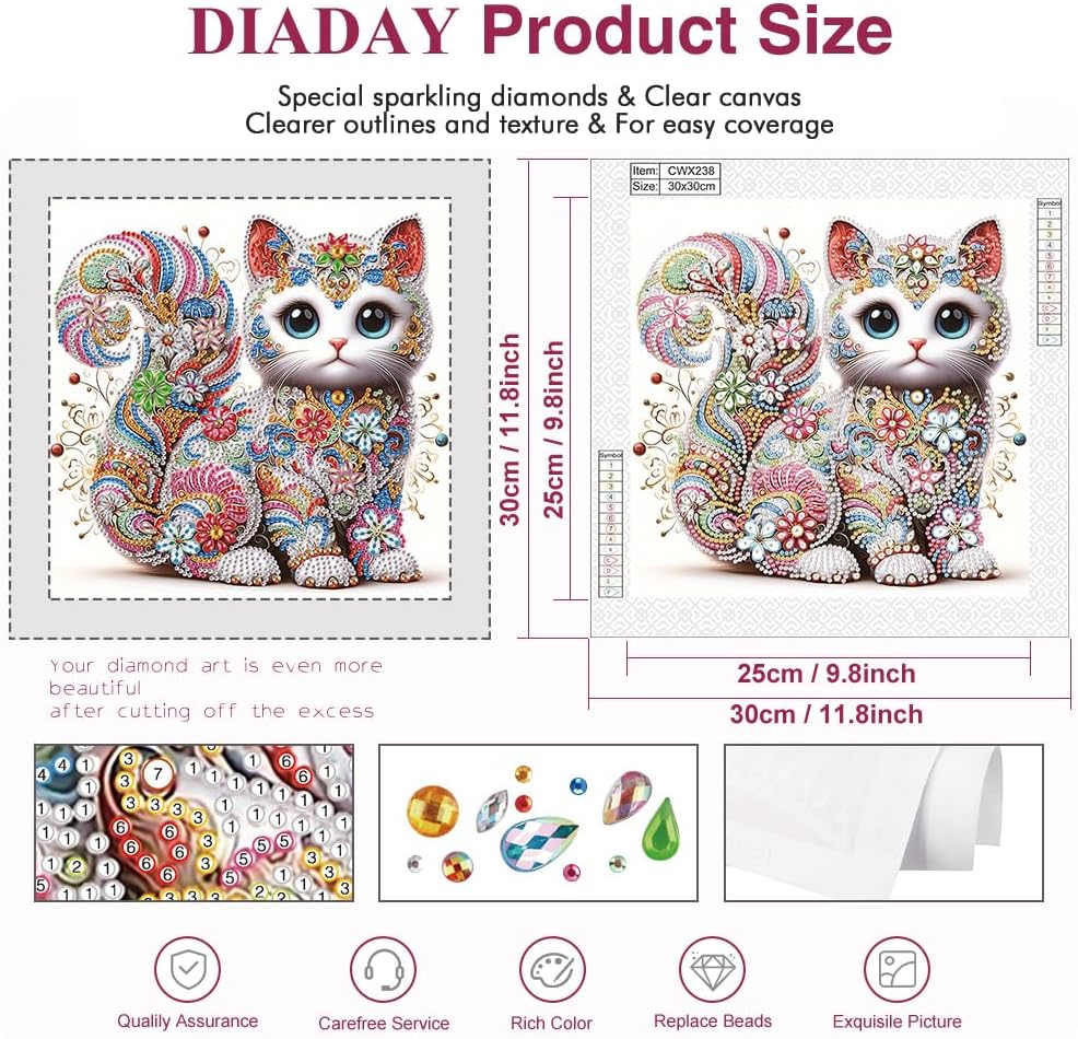 DIADAY Cat Special Shape Diamond Painting Kits for Adults, 5D Crystal Rhinestone Special Shaped Diamond Art Kits for Beginner Cat, DIY Crafts Home Wall Decor Gift Art 12 x 12 Inches image 5