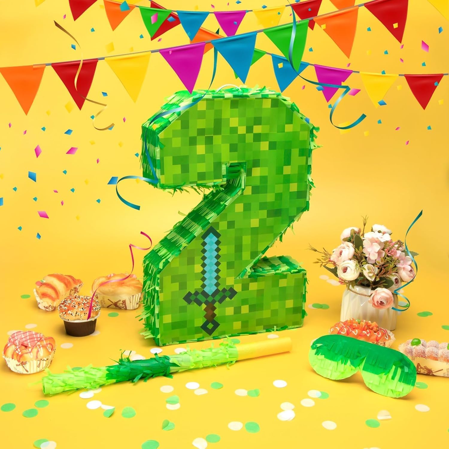 16 Inch Number 2 Pixel Pinata with Piñata Stick, Blindfold, Confetti for Boys Girls Birthday Decorations, Kids Party Supplies, Easy to Fill and Hang (MinC-2th)