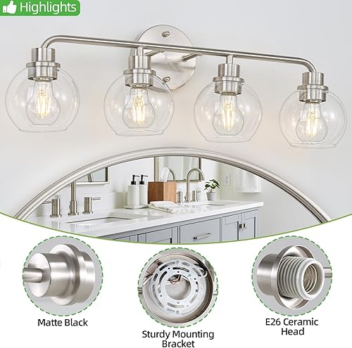 Miniatura 90 de Lámparas de baño doradas para tocador, 3 luces, apliques de pared, luces de latón cepillado con pantallas de vidrio transparente, lámpara de pared