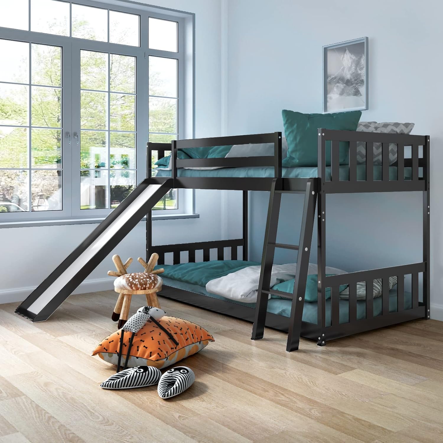 Twin Over Twin Size Bunk Bed with Slide, Loft Low Bunk Beds, Wood Floor Bed Frame with Ladder & Guardrail, No Box Spring Needed, Space-Saving Modern Bunk Bed for Kids, Adults (Espresso)