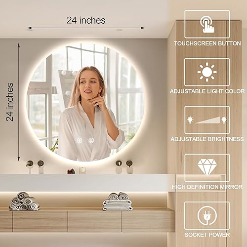 Miniatura 5 de Espejo LED para baño de 24 pulgadas, retroiluminado con luces, táctil regulable inteligente, 3 modos de color, a prueba de roturas, redondo
