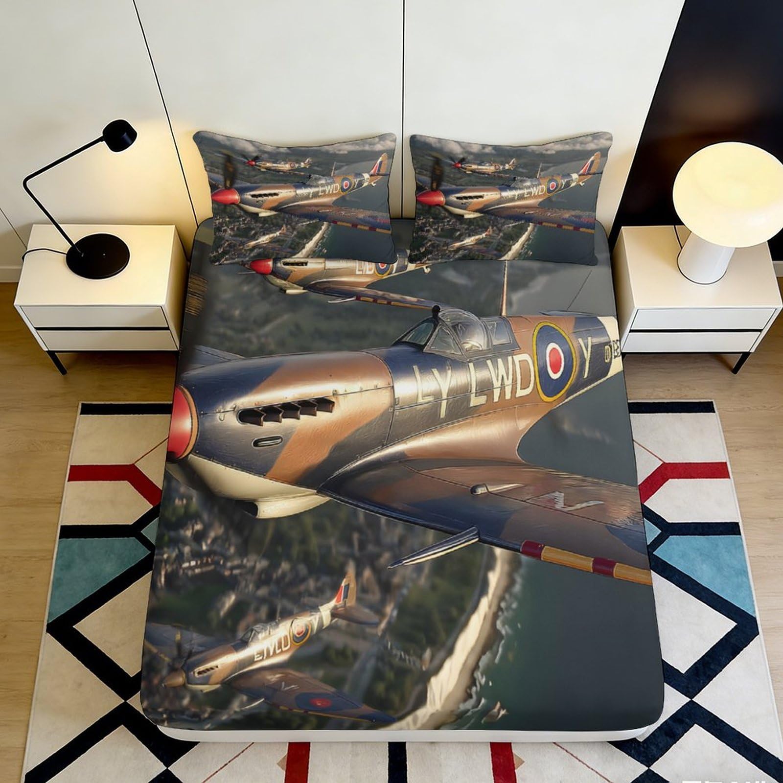 3D Printed Spitfire Aircraft Fitted Sheet Microfiber WWII Airplane Bed Cover for Bedroom Dorm Mattress Protector 200x200x25cm