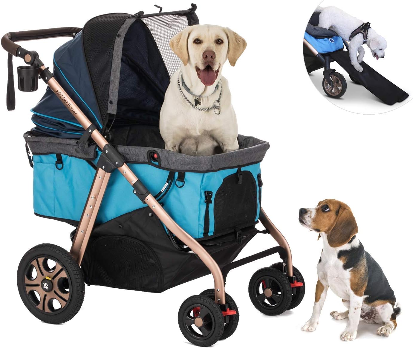 HPZ Pet Rover Titan-HD Premium Super-Sized Dog/Cat/Pet Stroller SUV Travel Carriage/w Access Ramp/100Lbs Capacity/Pumpless Rubber Wheels/Aluminum Frame for Small, Med, Large, XL Pets (Blue)