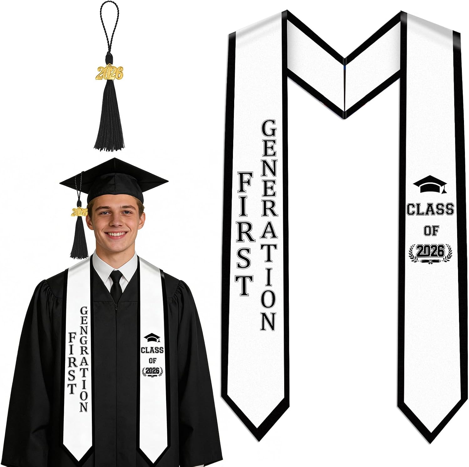 Class of 2026 Graduation Stole - First Generation 2026 Tassel for First Gen College Graduates Academic Ceremony Accessory Black Trim Design