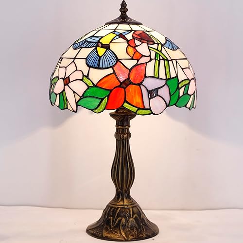 Miniatura 2 de WERFACTORY Tiffany Lámpara de vitral, estilo colibrí, lámpara de mesita de noche, lámpara de lectura de escritorio, 12 x 12 x 18 pulgadas,