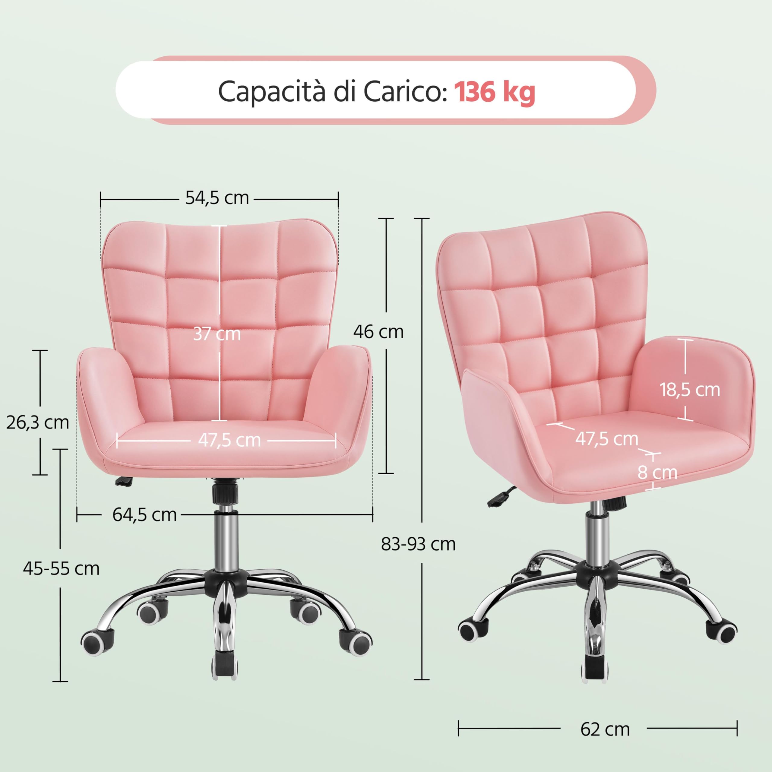 Yaheetech Sedia/Poltroncina da Ufficio Scrivania a Rotelle Girevole Imbottita in Similpelle Reclinabile Ergonomica Altezza Regolabile Rosa