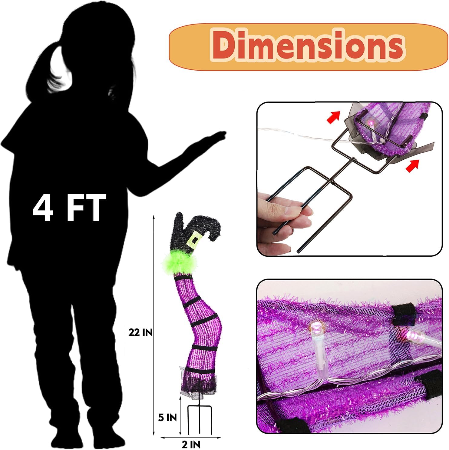 Juegoal Set of 2 Halloween Lighted Wicked Purple Witch Legs with Stakes, 22" Light Up Tinsel Halloween Yard Sign Prop Timer & 8 Modes, Battery Operated for Outdoor Party Haunted House Garden Decor