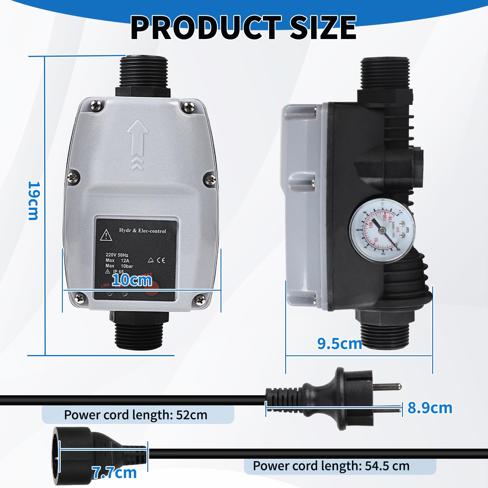 SWAWIS Pressostat Pompe Eau Interrupteur de Pression pour Pompe à Eau Manomètre et Câble Inclus pour Pompe Immergée, Pompe Centrifuge, Pompe de Puits Profond, Pompe de Jardin, Gris