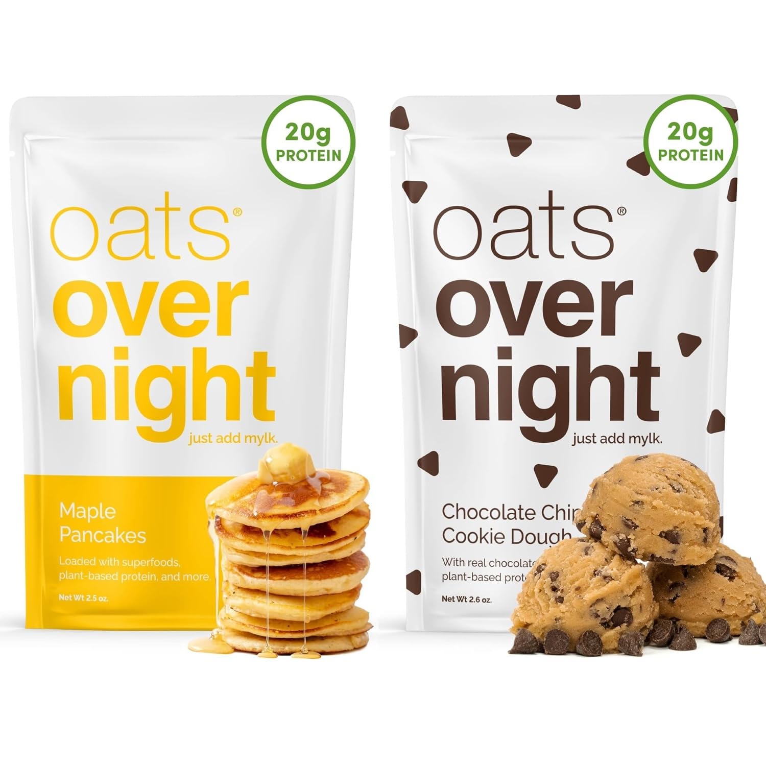 Oats Overnight Maple Pancakes 8 Pack & Chocolate Chip Cookie Dough 8 Pack - Vegan, 20g Protein, High Fiber Breakfast Shake - Gluten Free, Non GMO Oatmeal
