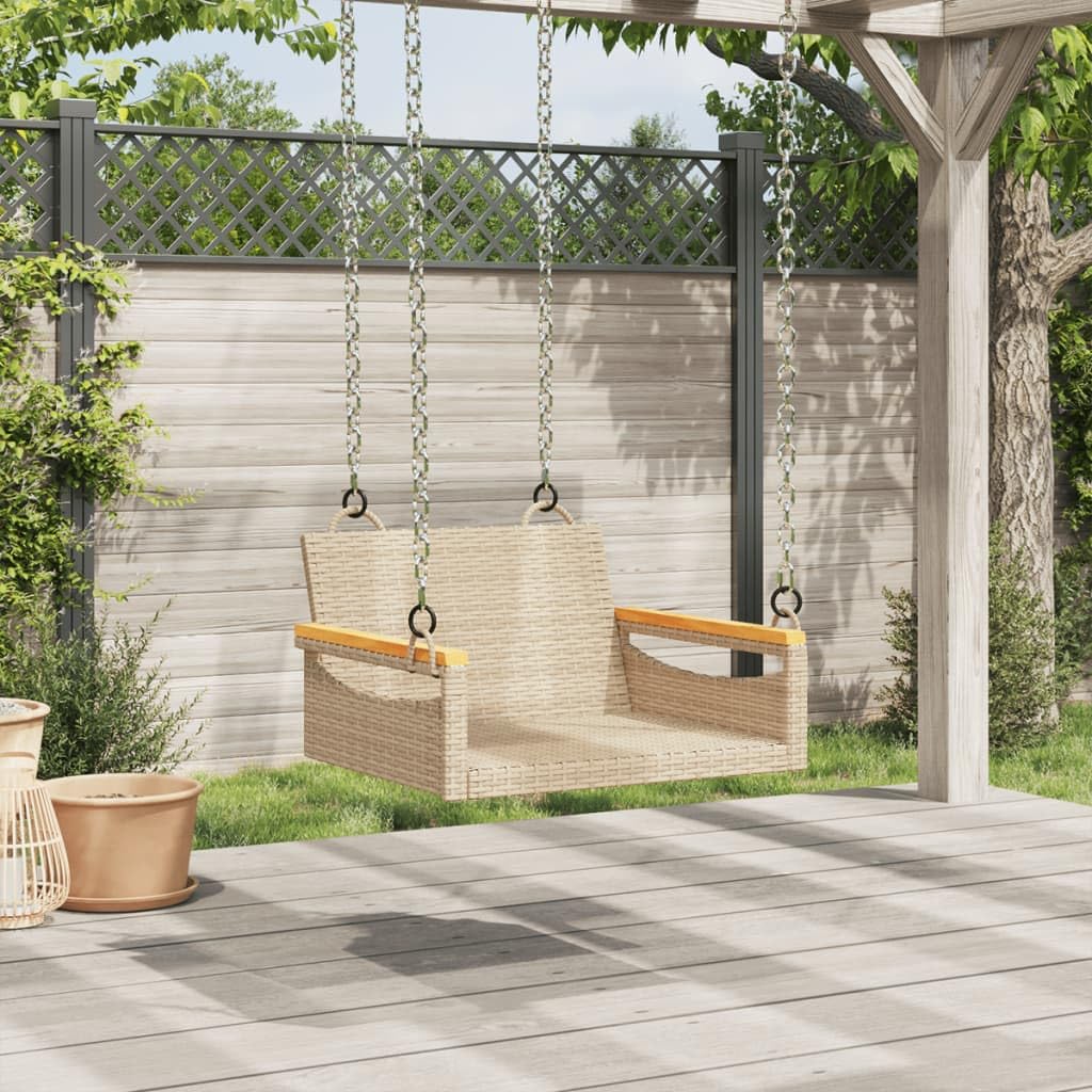 Sillón colgante de ratán sintético beige con función de balancín, 63 x 62 x 40 cm, banco colgante con anillos de fijación y marco de acero pulverizado para el jardín