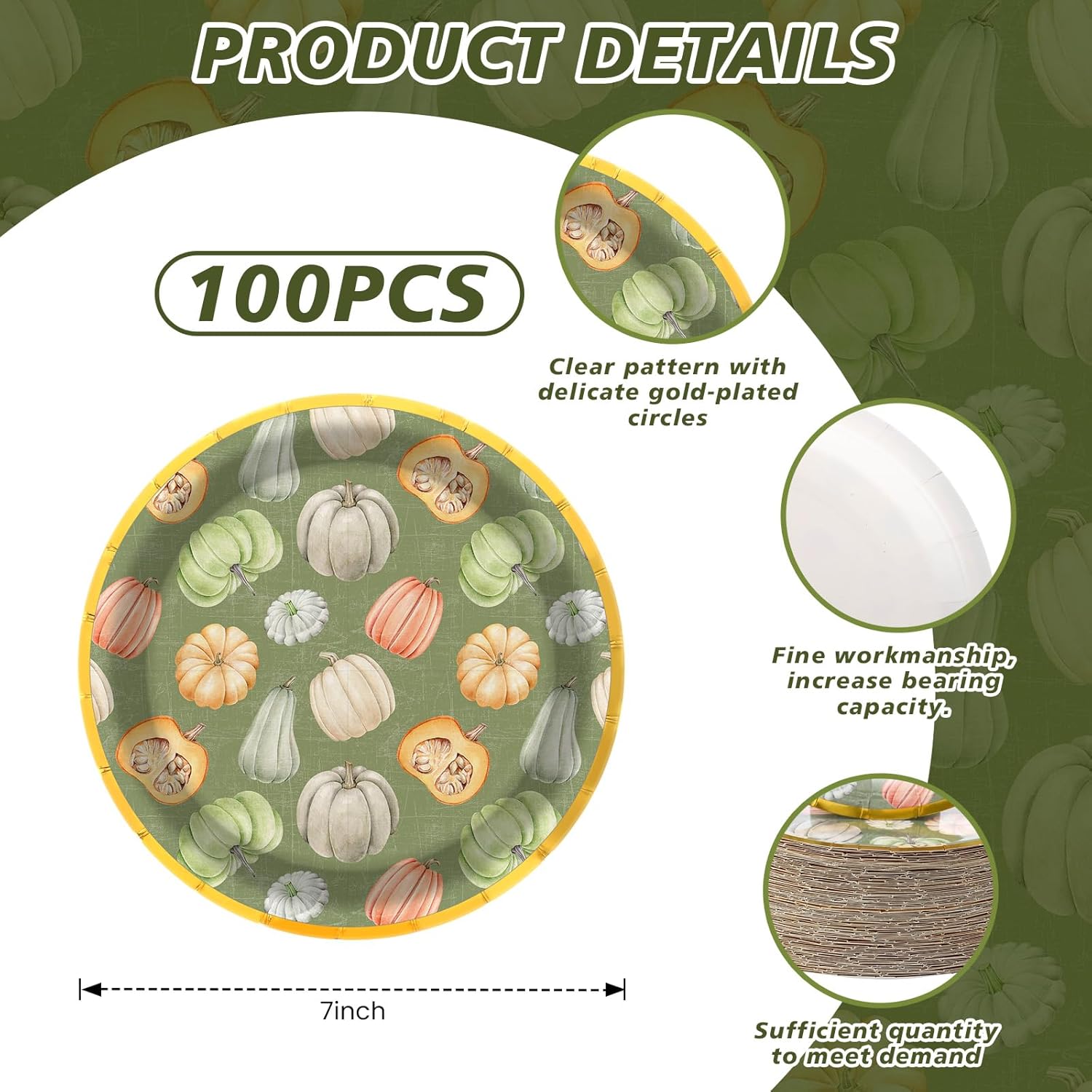 Uiifan 100 Pcs Thanksgiving Pumpkin Paper Plates 7 Inch Disposable Dessert Plates Gold Foil Edge Green Pumpkin Party Tableware for Thanksgiving Harvest Autumn Fall Dinner Party