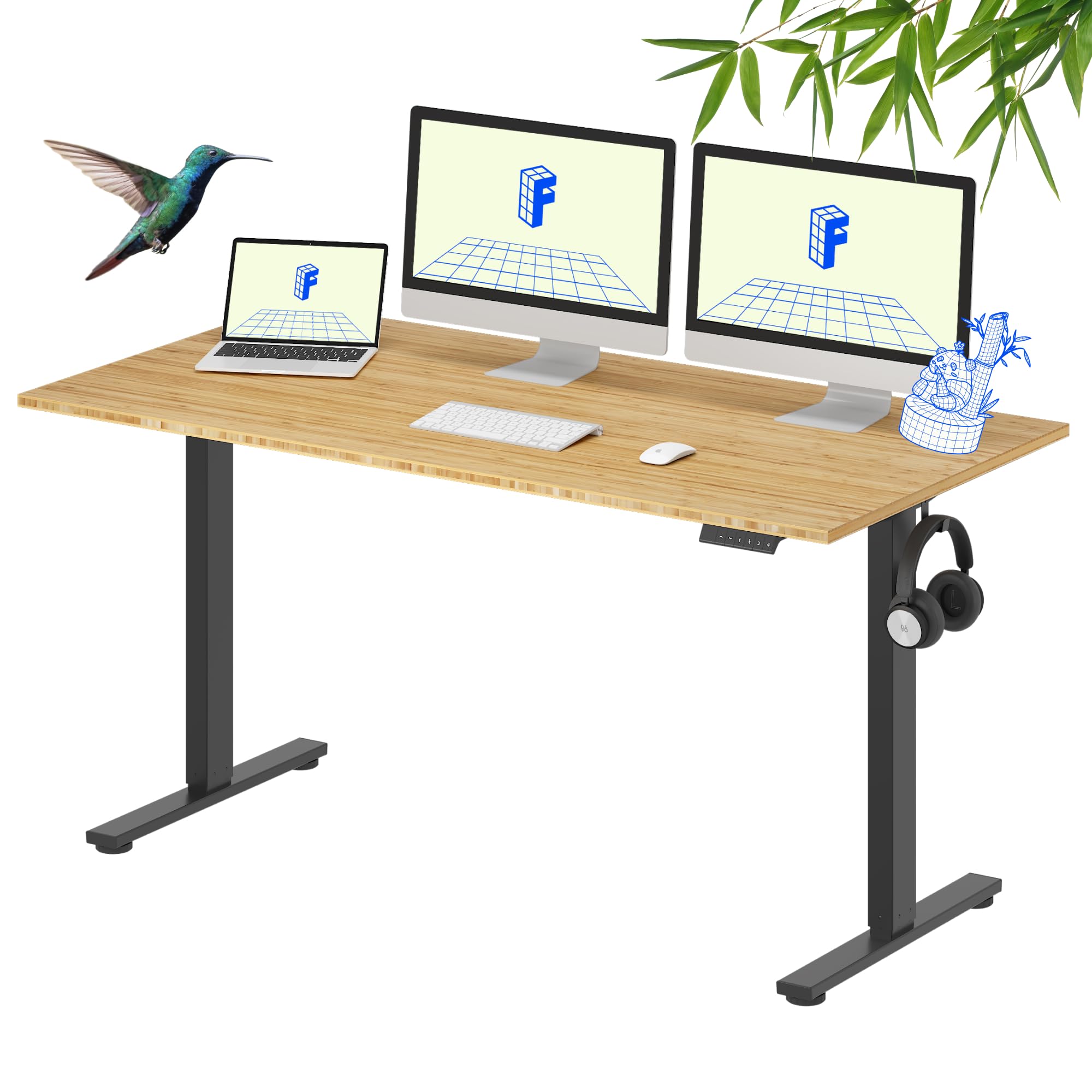 FLEXISPOT EN1 Bamboo Standing Desk, 60 x 30 Inches Whole-Piece Electric Adjustable Height Desk for Home Office (Black Frame + Bamboo Top, 2 Packages)