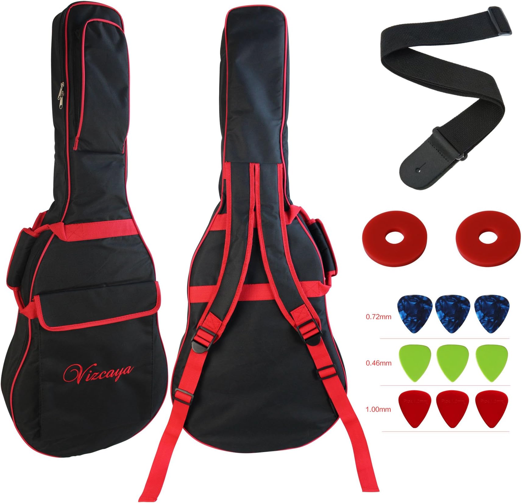 Vizcaya 41 Inch Waterproof Dual Adjustable Shoulder Strap Acoustic Guitar Gig Bag 15mm Padding Backpack with Accessories(Adult Guitar Strap,Picks,Strap Lock) -Black with Red Edge