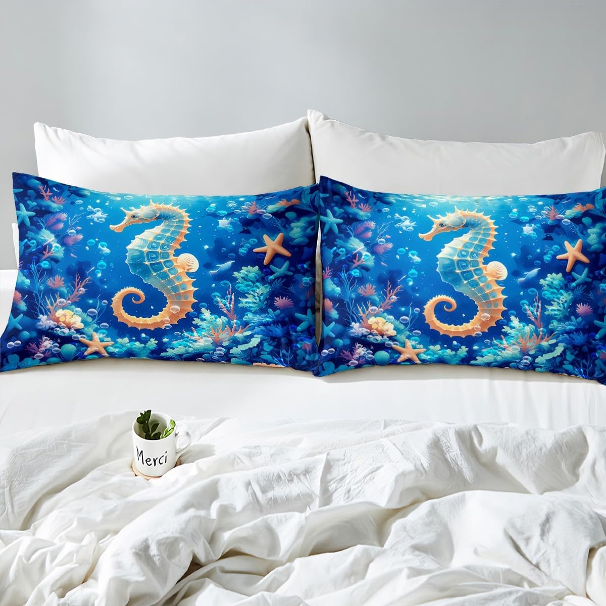 jejeloiu Kids Seahorse Duvet Cover Toddler Size, Ocean Comforter Cover Sea Underwater World Bedding Set Boys Girls Marine Life Sealife Bedspread Cover Bedclothes Zipper (No Comforter)