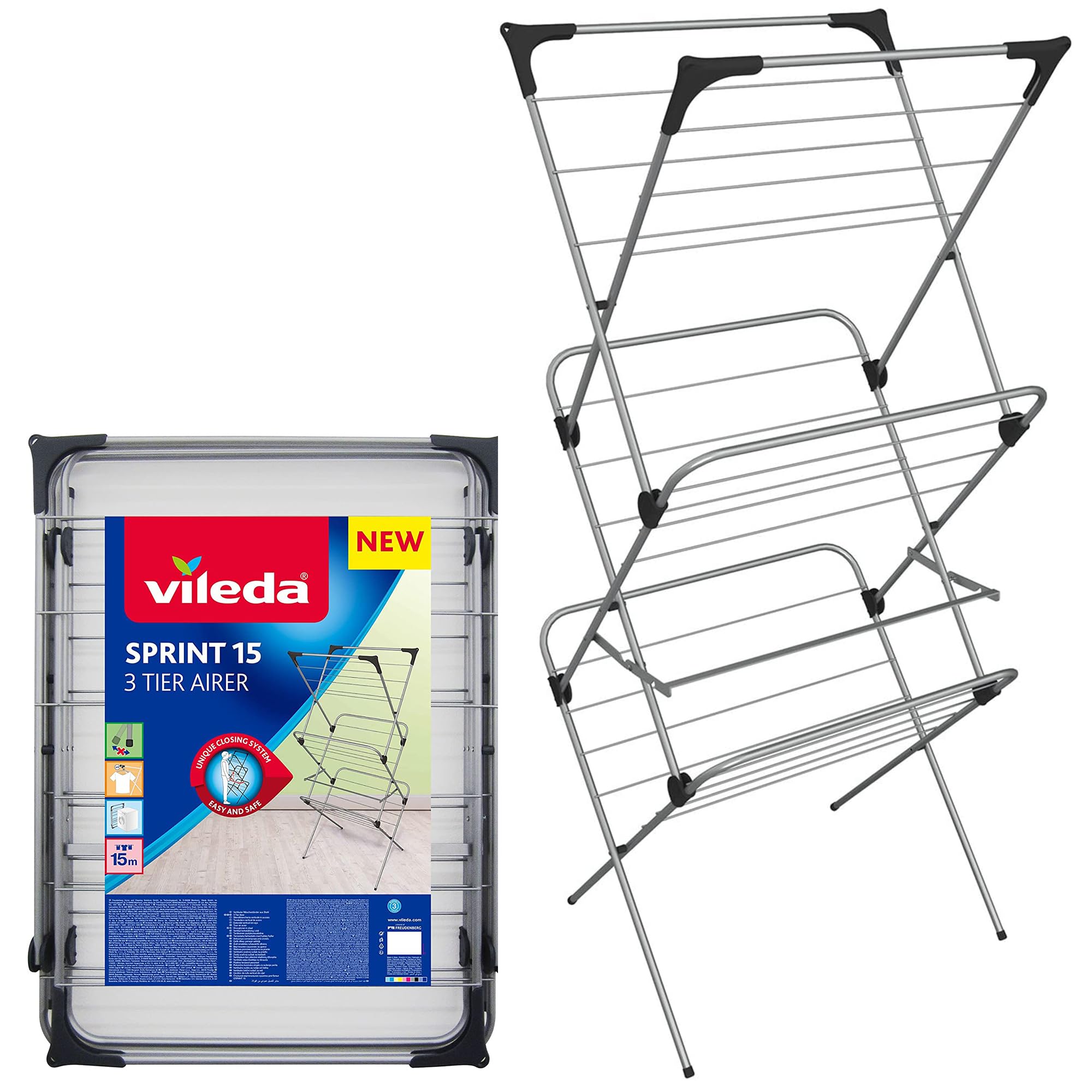 Vileda Sprint 3 Tier Clothes Airer, 15m Drying Space,Washing Line, Foldable
