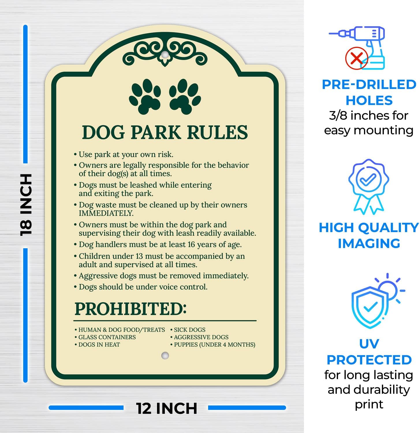 Use Park at Own Risk Dogs Must Be Leashed Waste Must Be Cleared Décor Sign, Green Light, 12x18 Inches, ACM, Fade Resistant, Made in USA