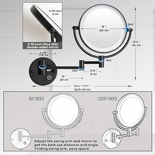 Miniatura 6 de RECKODOR Espejo de maquillaje recargable para baño con aumento 1X5X con luz, brazo extendido, rotación de 360 grados de 8 pulgadas, sin alambre