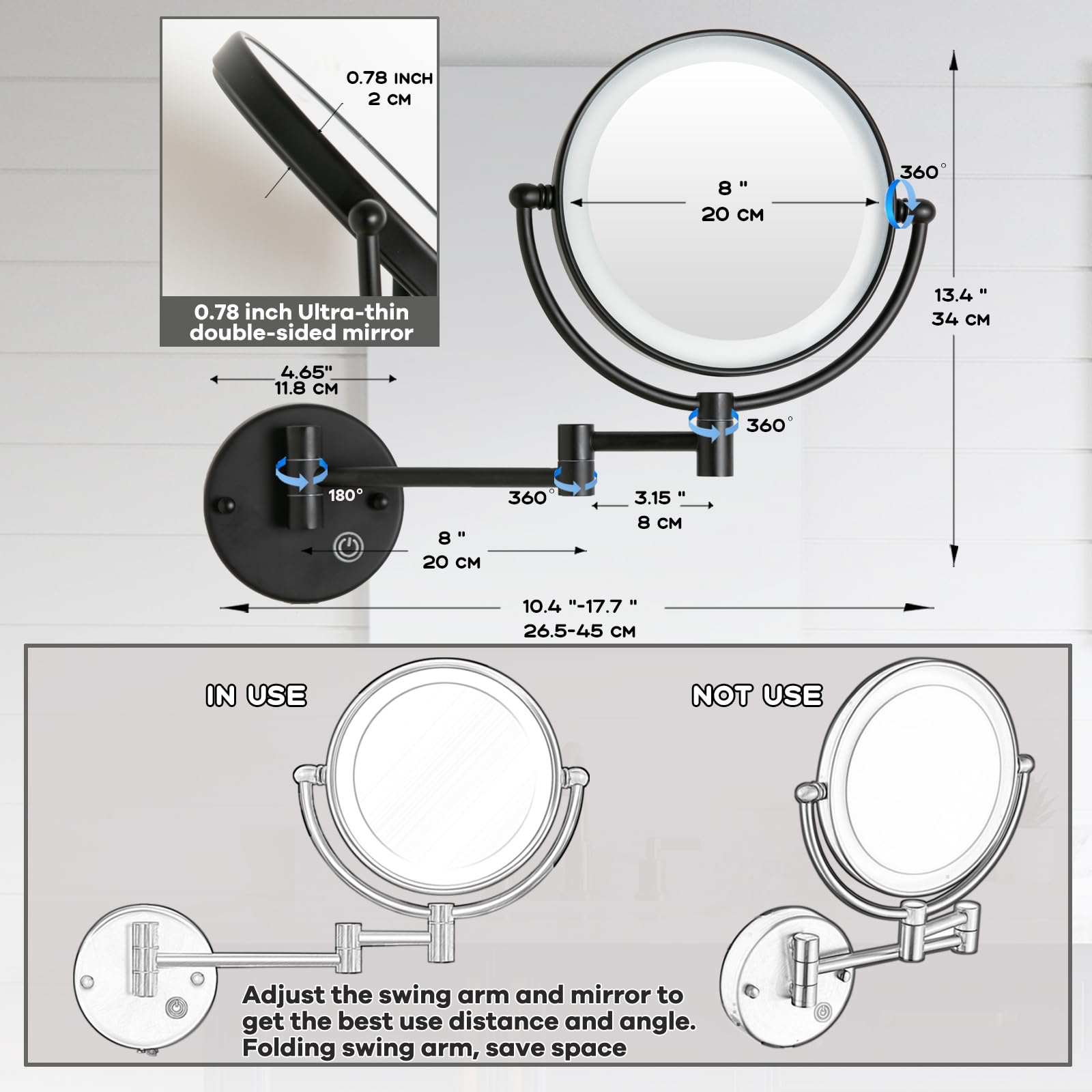 Espejo Maquillaje con Luz Pared, 1X / 5X Doble Cara Espejo Baño,Material de Latón,Espejo Aumento con Luz,Control por Interruptor Táctil,Brillo Ajustable,360 Giratorio Espejo para Baño,Hotel