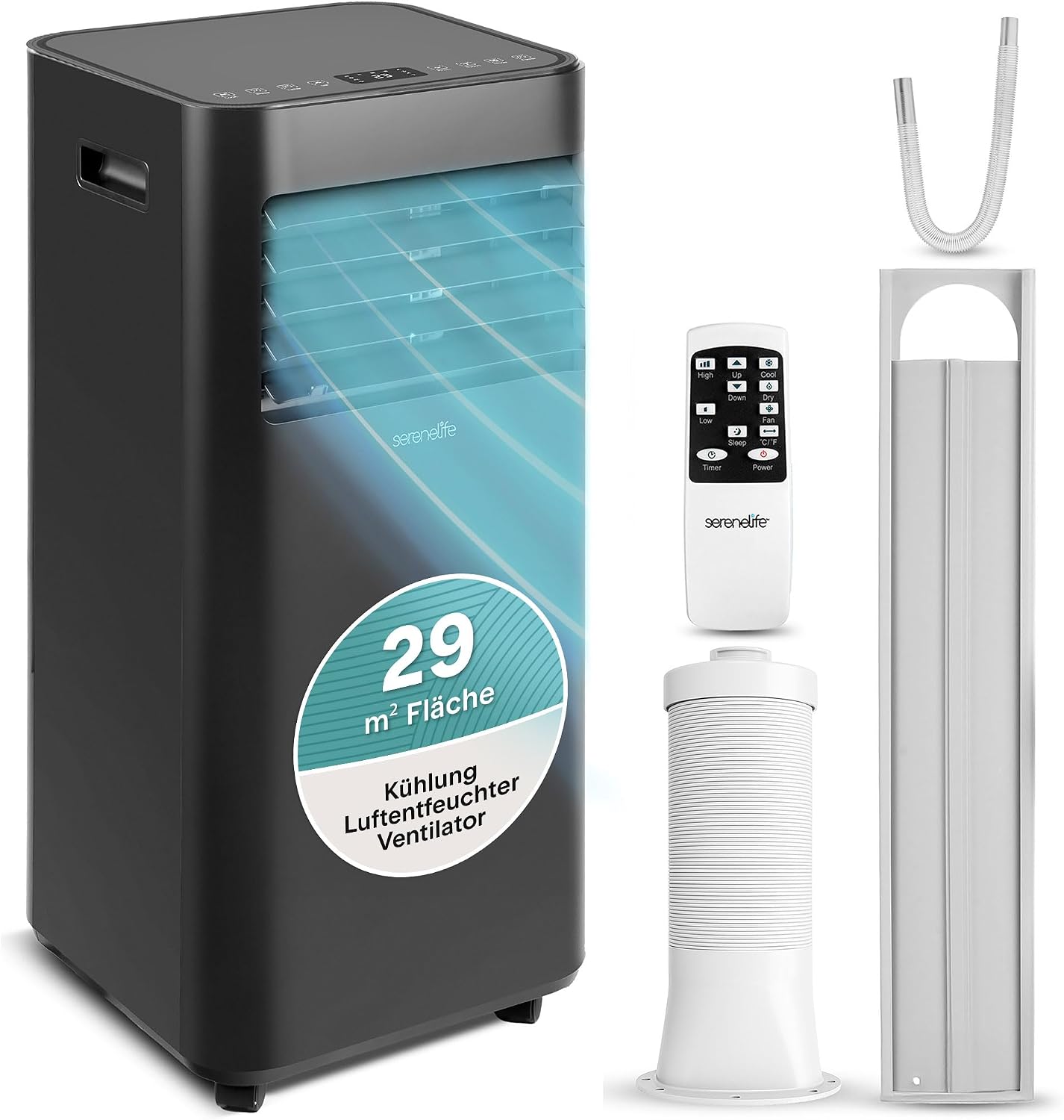 SereneLife Schwarz Mobiles Klimagerät 7000 BTU 2,0kW für 28 m² – Air Conditioner mit Abluftschlauch, 3-in-1 mit Entfeuchter und Ventilator, Leise 54 dB, inkl. Fensterkit und Fernbedienung – Produktansicht