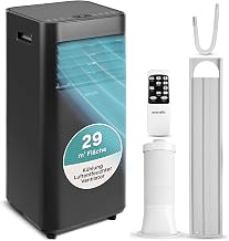 SereneLife Schwarz Mobiles Klimagerät 7000 BTU 2,0kW für 28 m² – Air Conditioner mit Abluftschlauch, 3-in-1 mit Entfeuchter und Ventilator, Leise 54 dB, inkl. Fensterkit und Fernbedienung