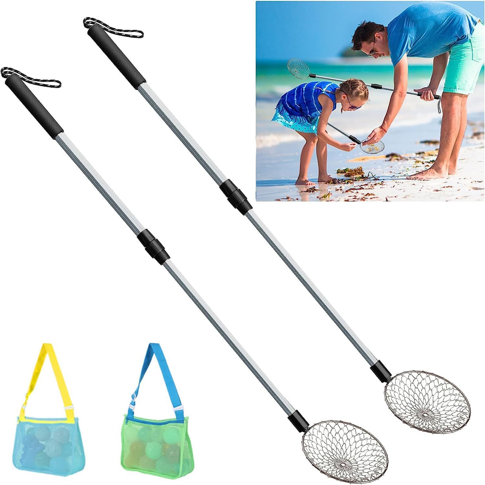Rayyan Beach Sand Sifter,Sand Sifter Sieves,Detachable 27.5 Inches Long Handle,Stainless Steel Sand Sifter,Sifter Tool for Picking Up Shells Beachcombing and Rock Hunting,with 2 Beach Bags(Pack of 4)