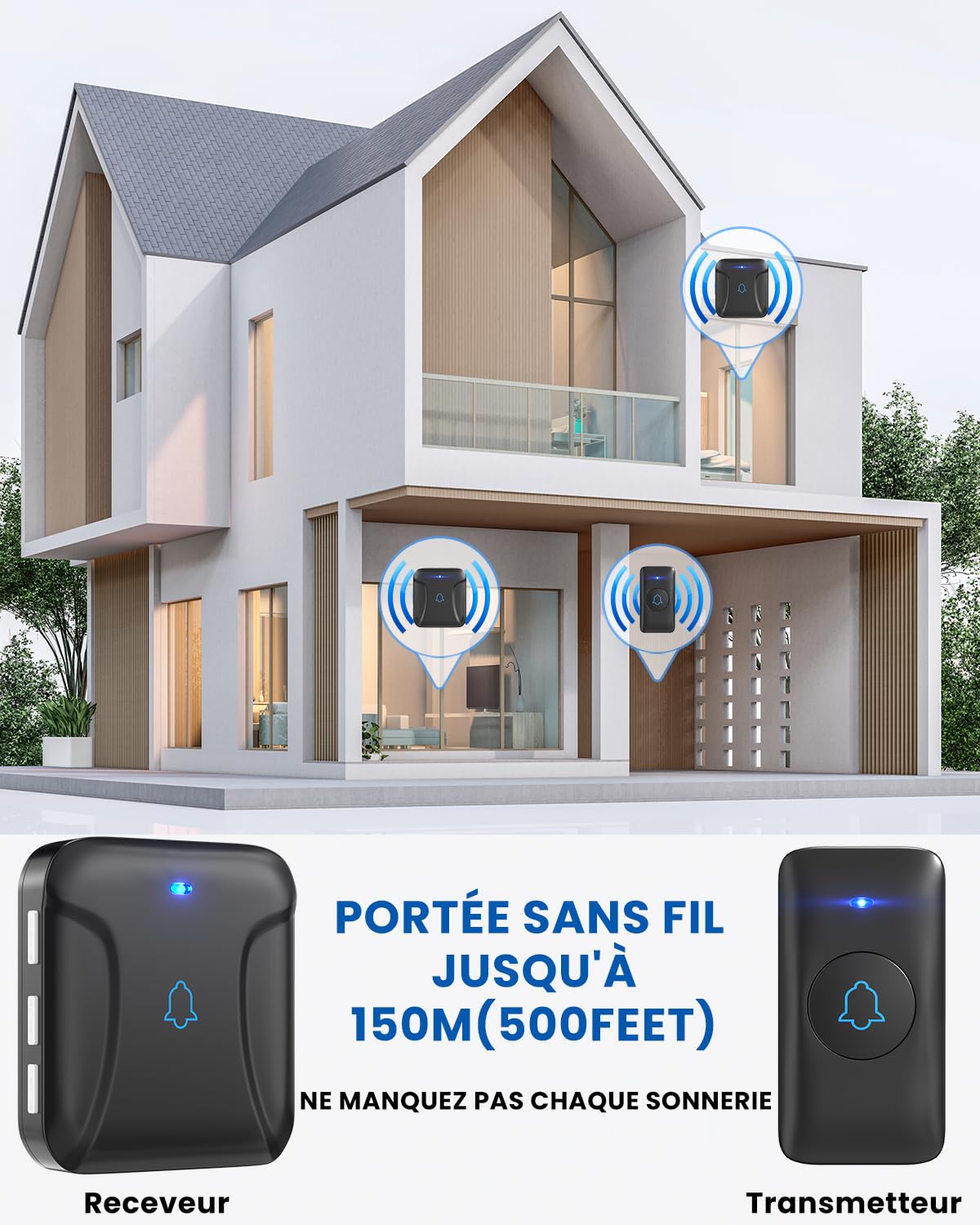 Sonnette Sans Fil, Kit Sonnette de Porte Sonnette Sans Fil Étanche IP55, Carillon de Porte Étanche à 150M Deux Emetteurs, avec 1 Récepteurs Enfichables, 40 Mélodies, 5 Niveaux de Volume