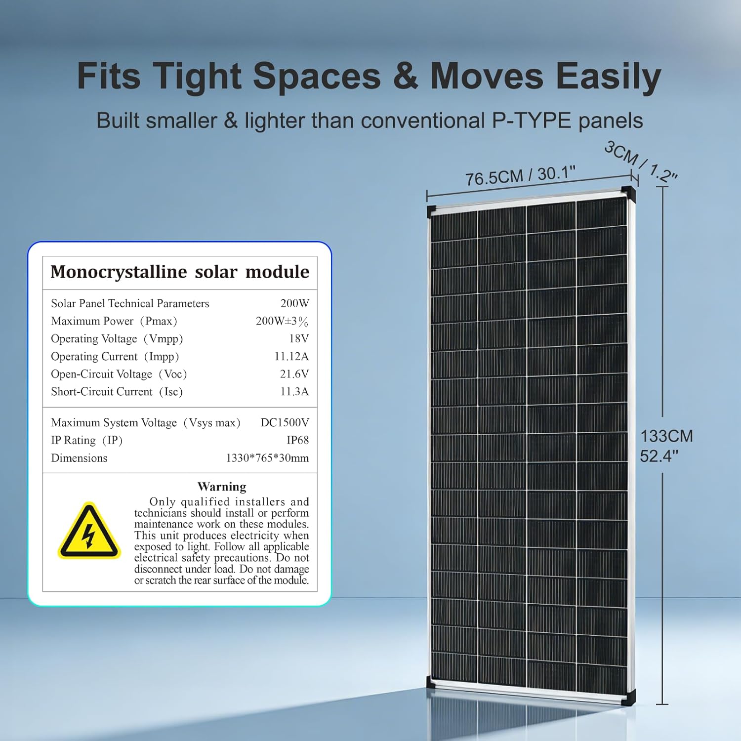 Solar Panels N-Type 16BB 200W Solar Panel, 200 Watt Solar Panel 18V A+ Monocrystalline Cell 25% High Efficiency, for RV Van Marine Home Rooftop Off-Grid Systems (52.4" x 30.1", Single Silver)