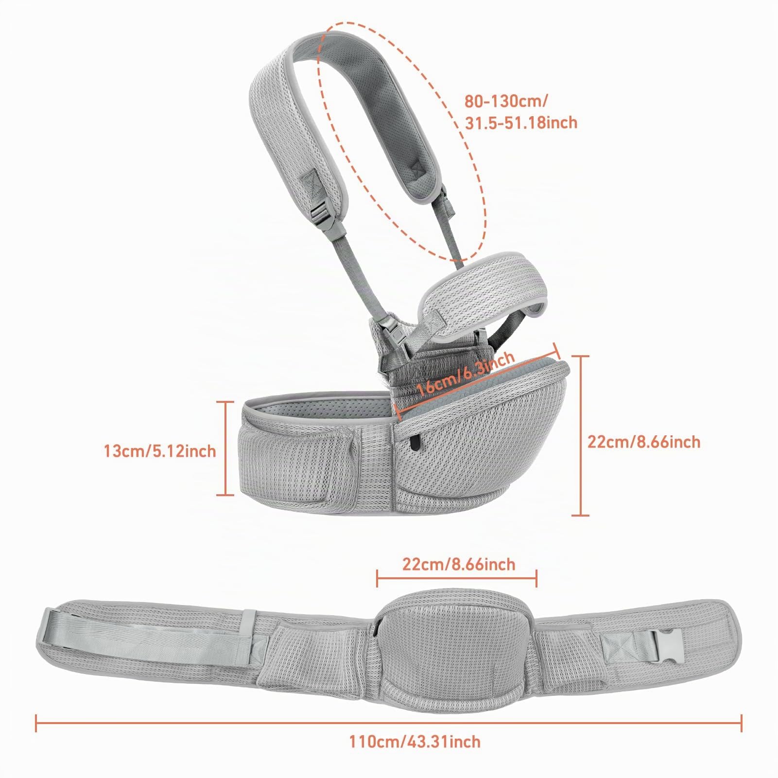 IULONEE Multifonctionnel Respirant Porte-Bébé Siège De Hanche Ergonomique Porte Bébé Ventral Tabouret De Taille Siège De Hanche Confortable Pour Tout-Petit 6-36 Mois (Gris)