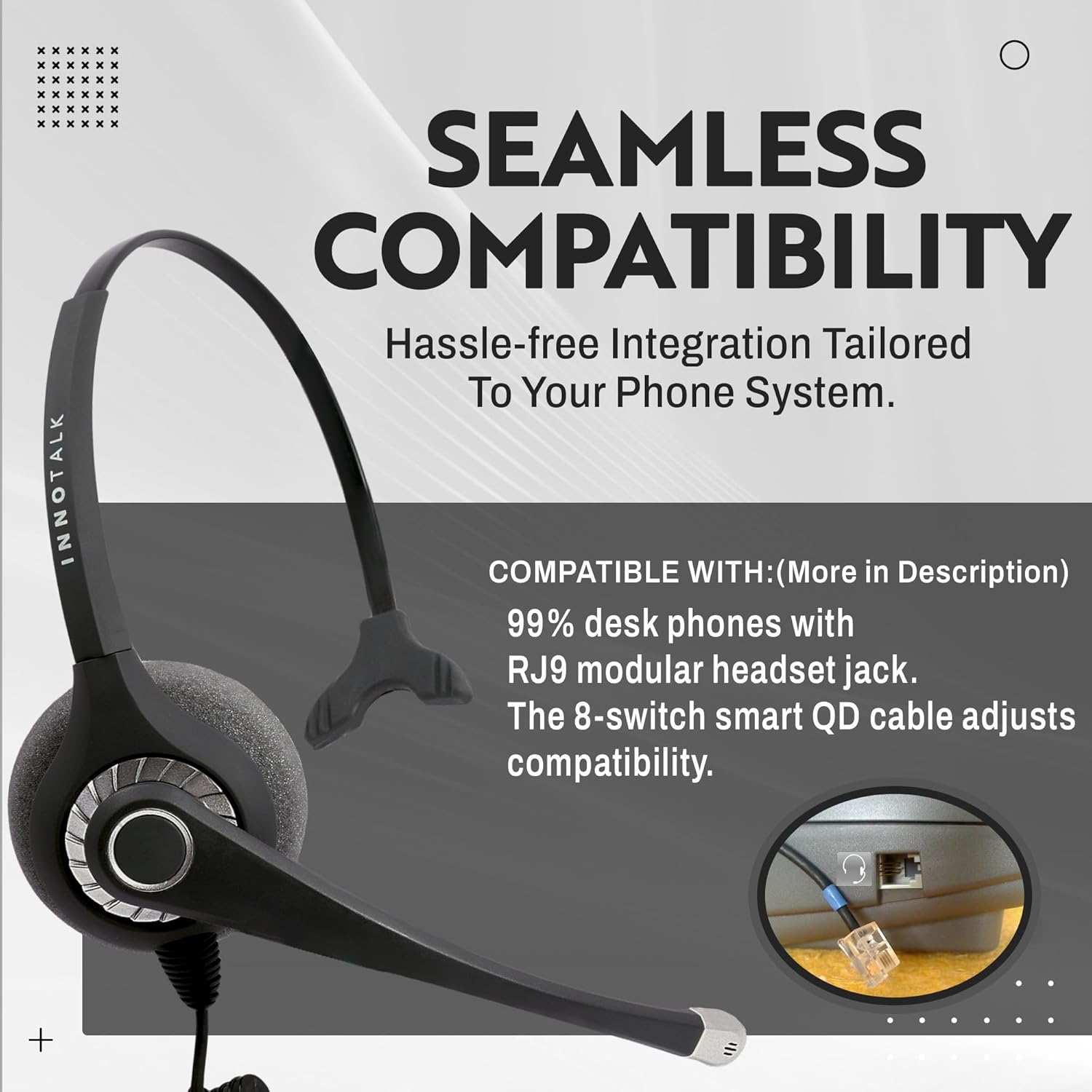 INNOTALK RJ9 Phone Headset - Compatible with Cisco Avaya ATT and Most Desk Phones - Virtual Compatibility Quick Disconnect Headset Cord Fit to Any RJ9 Headset Jack
