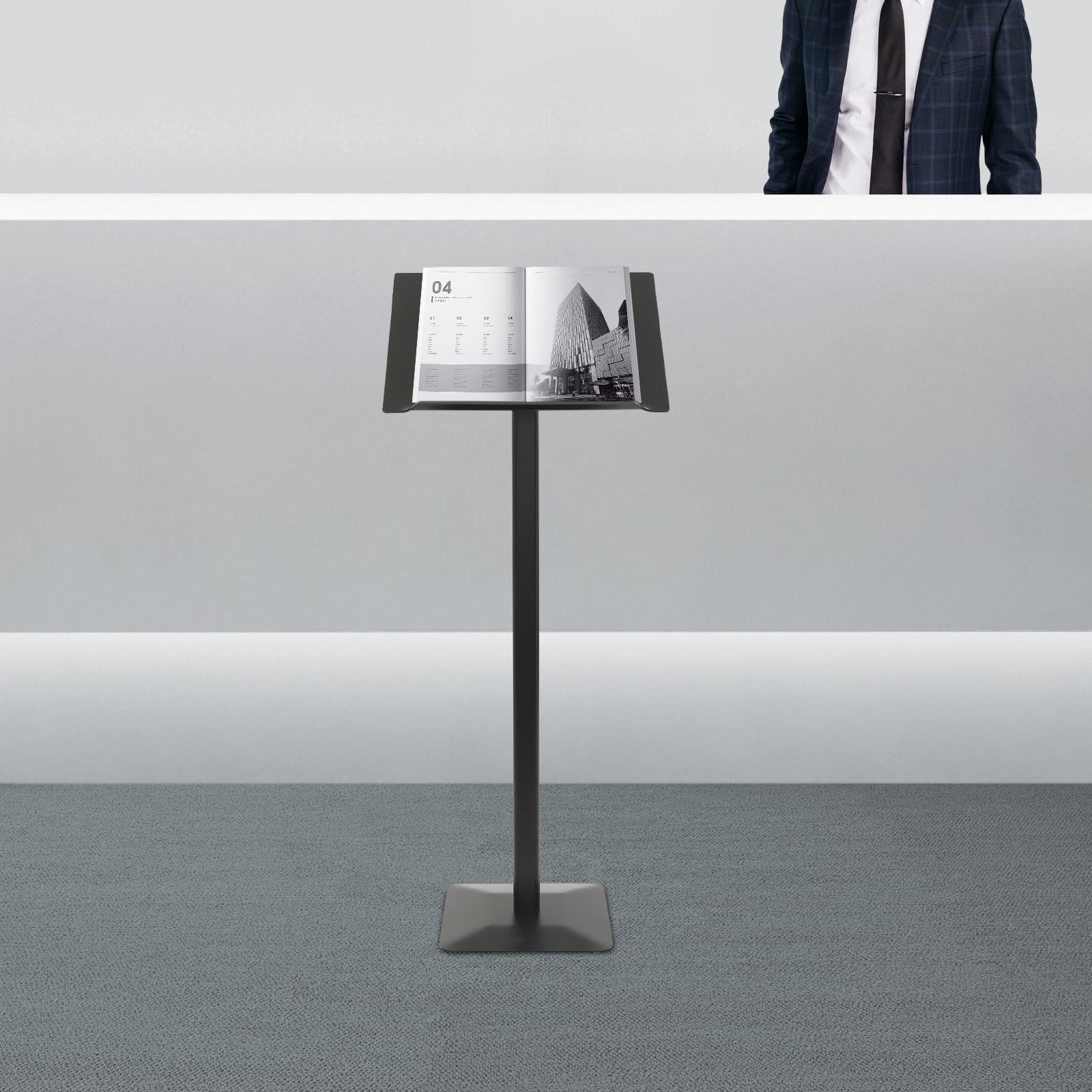 Soporte de información con base firme antideslizante que evita el deslizamiento, soporte de metal ajustable, adecuado para menús, carteles y anuncios. Dimensiones: 49 x 35 cm