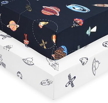 PHF Soft Space Crib Sheet Fitted, 2 Pack Silky Comfy Breathable Polyester Baby Sheets for Boys Girls,28x52x9in Fits Standard Crib and Toddler Mattresses, Space