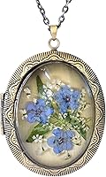 THSOGO Vintage Handmade Pressed Flower Photo Locket Necklace for Women - Oval Pendant Holds Pictures, Real Flowers